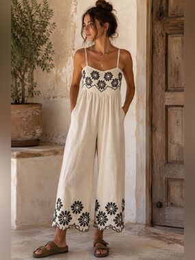 NWT Naoo Embroidered Cotton Wide Leg Jumpsuit Boho Floral Eyelet Romper Small